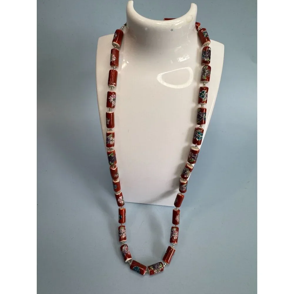 Vintage Chinese Cloisonne Floral Glass Bead Necklace With Barrel Clasp 22" Red M - Picture 2 of 9